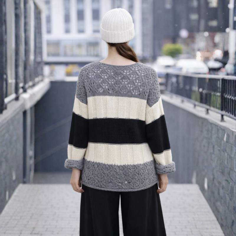 Sweter Damski Włoski w Paski Oversize Szary Biały One Size