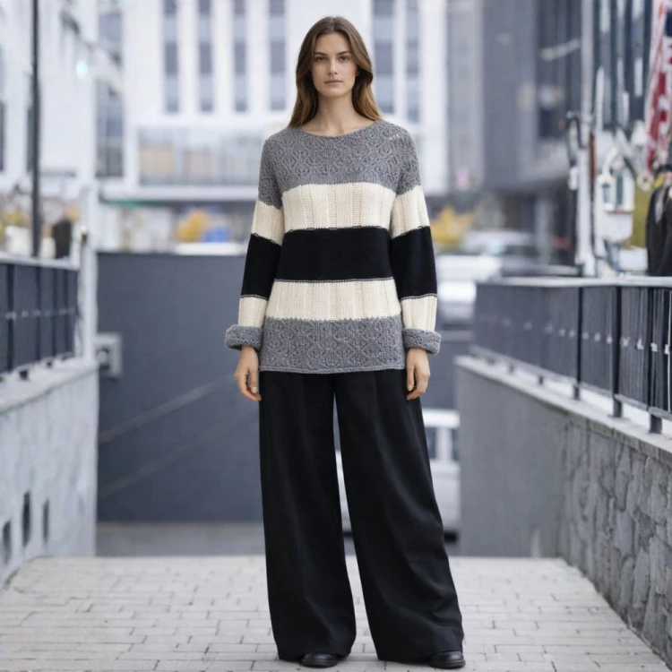 Sweter Damski Włoski w Paski Oversize Szary Biały One Size