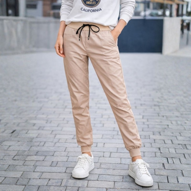 Spodnie Damskie z Eko-skóry Włoskie Beżowe