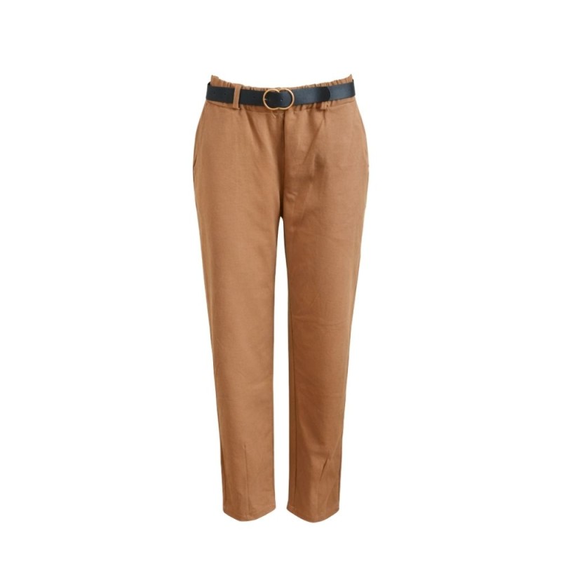Spodnie Damskie Eleganckie z Paskiem Włoskie Brązowe