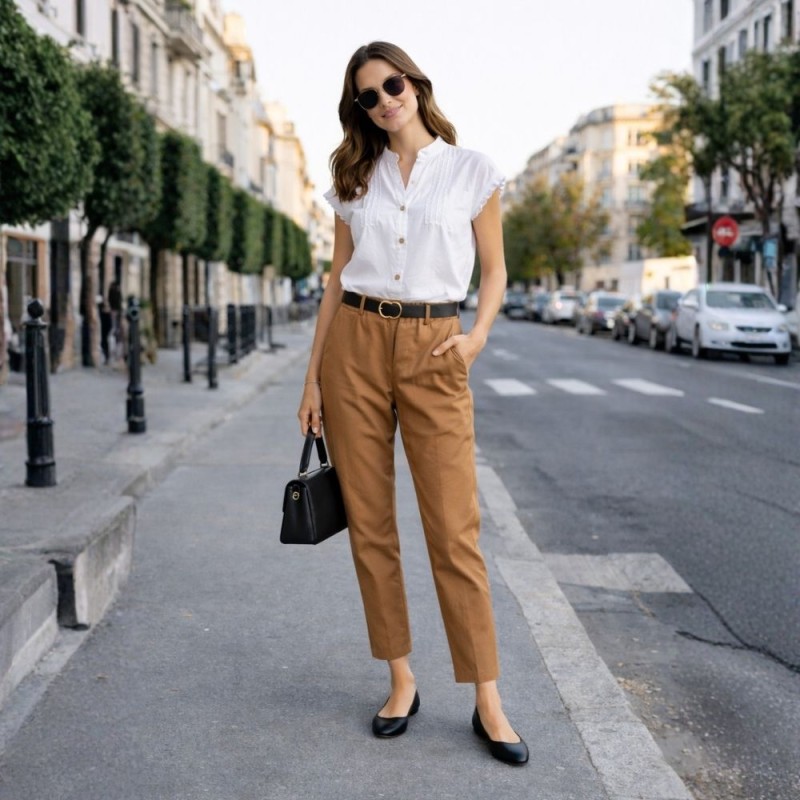 Spodnie Damskie Eleganckie z Paskiem Włoskie Brązowe