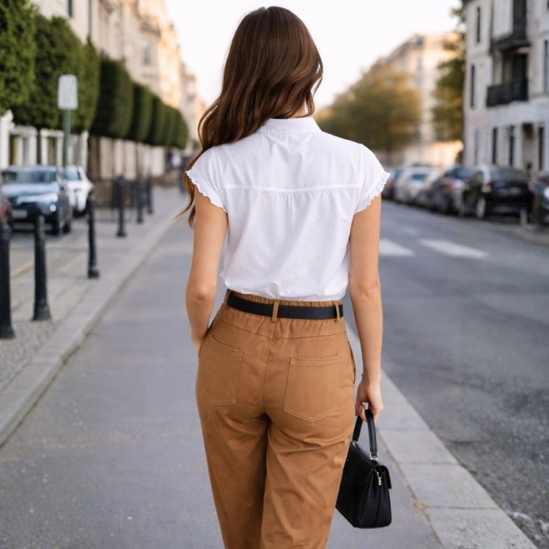 Spodnie Damskie Eleganckie z Paskiem Włoskie Brązowe