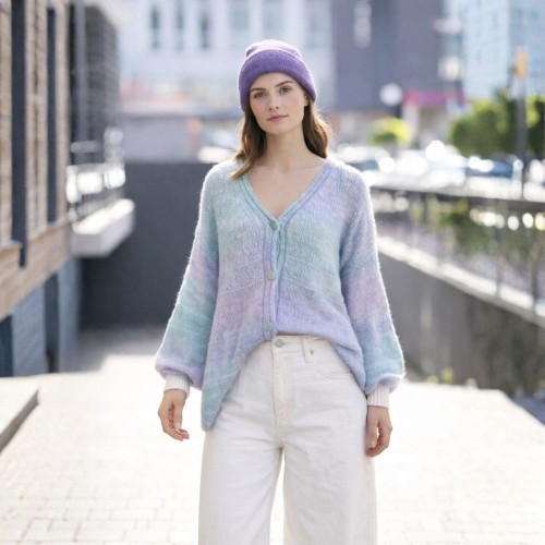 Sweter Kardigan Damski Włoski Miętowo-Fioletowy Oversize