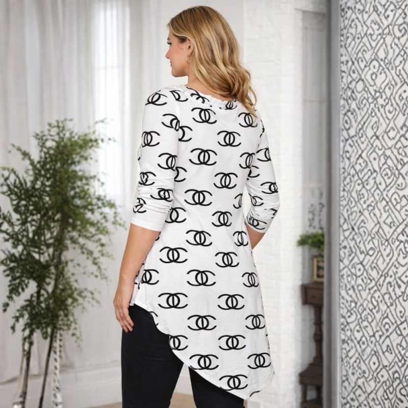 Bluzka damska tunika z dłuższym tyłem biało-czarna