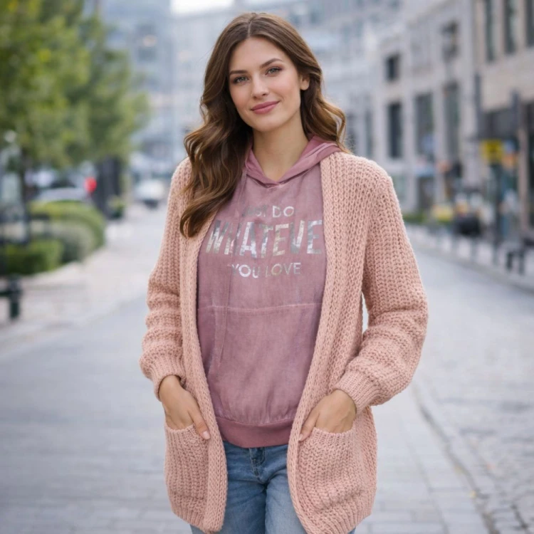 Sweter Damski Kardigan Różowy Oversize z Kieszeniami One Size