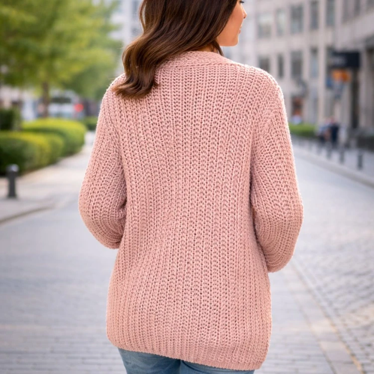 Sweter Damski Kardigan Różowy Oversize z Kieszeniami One Size