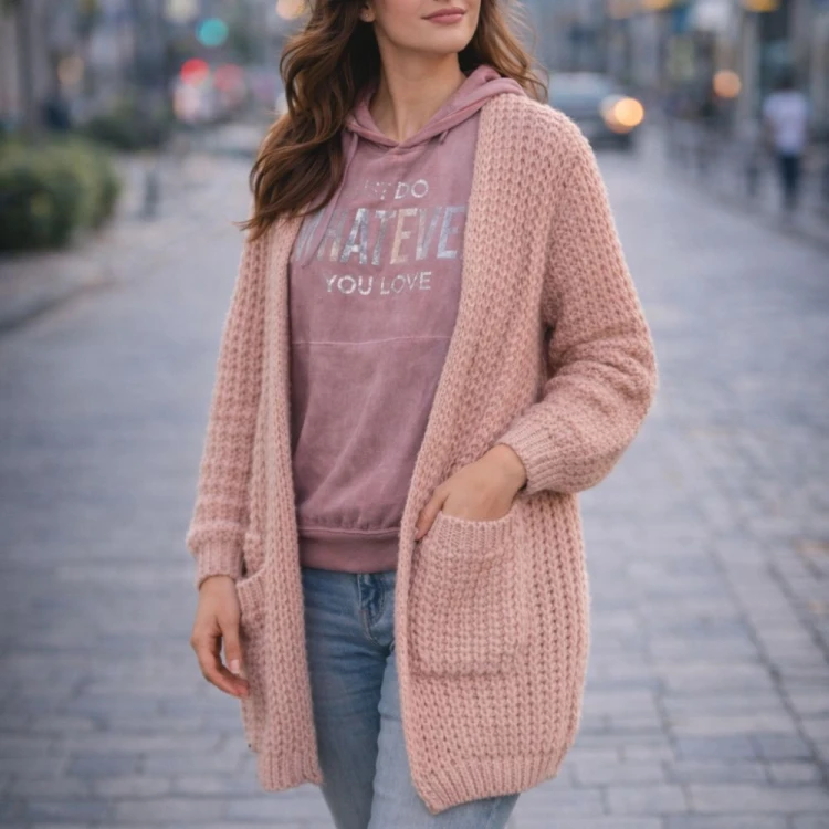 Sweter Damski Kardigan Różowy Oversize z Kieszeniami One Size