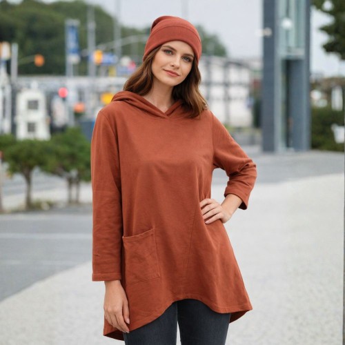 Bluza damska oversize z kapturem bawełniana Włoska rdzawa one size