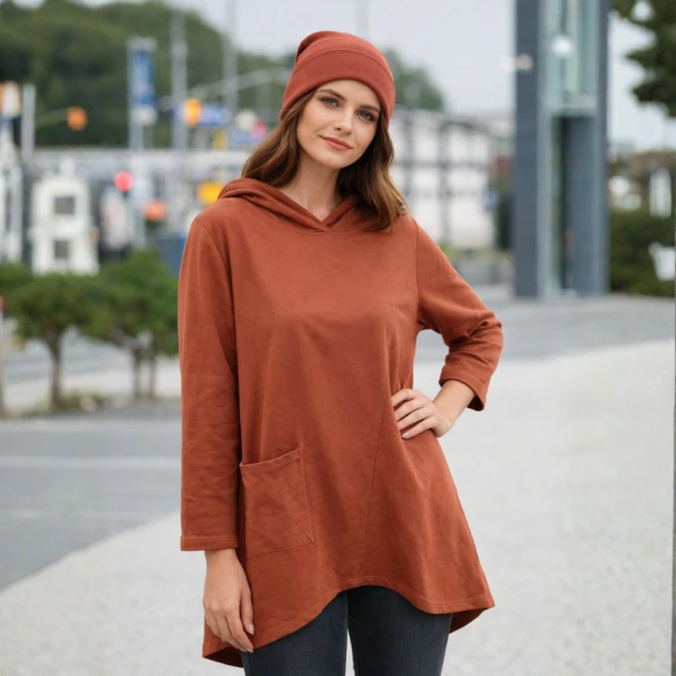 Bluza damska oversize z kapturem bawełniana Włoska rdzawa one size