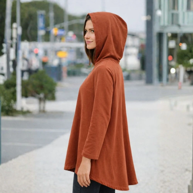 Bluza damska oversize z kapturem bawełniana Włoska rdzawa one size