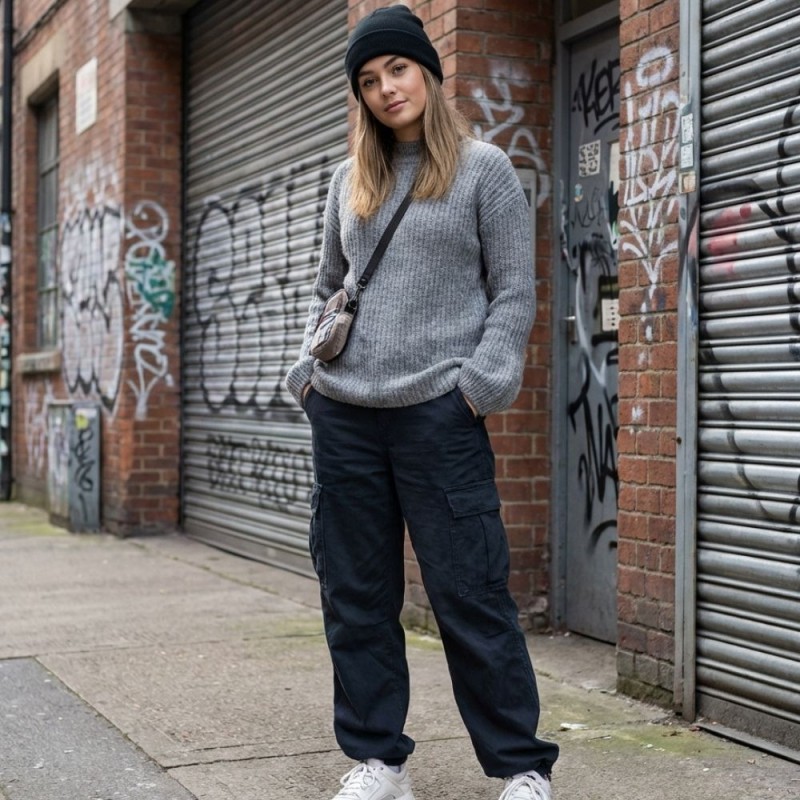 Sweter oversize z dzianiny prążkowanej – szary