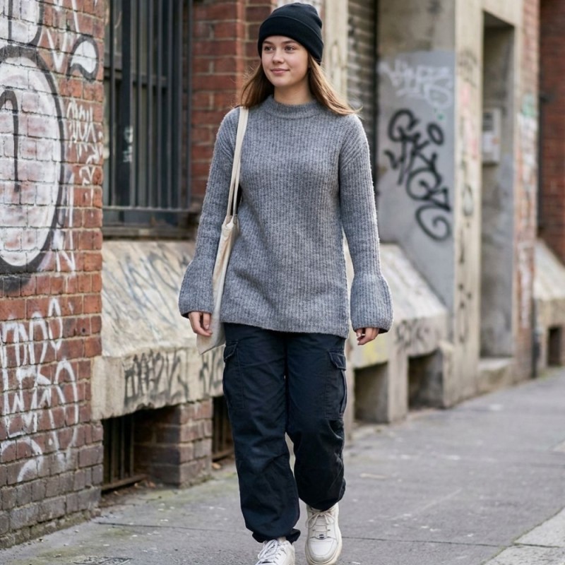 Sweter oversize z dzianiny prążkowanej – szary