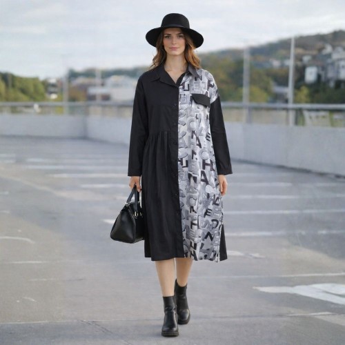 Sukienka koszulowa czarna MIDI z printem liter Oversize M/L