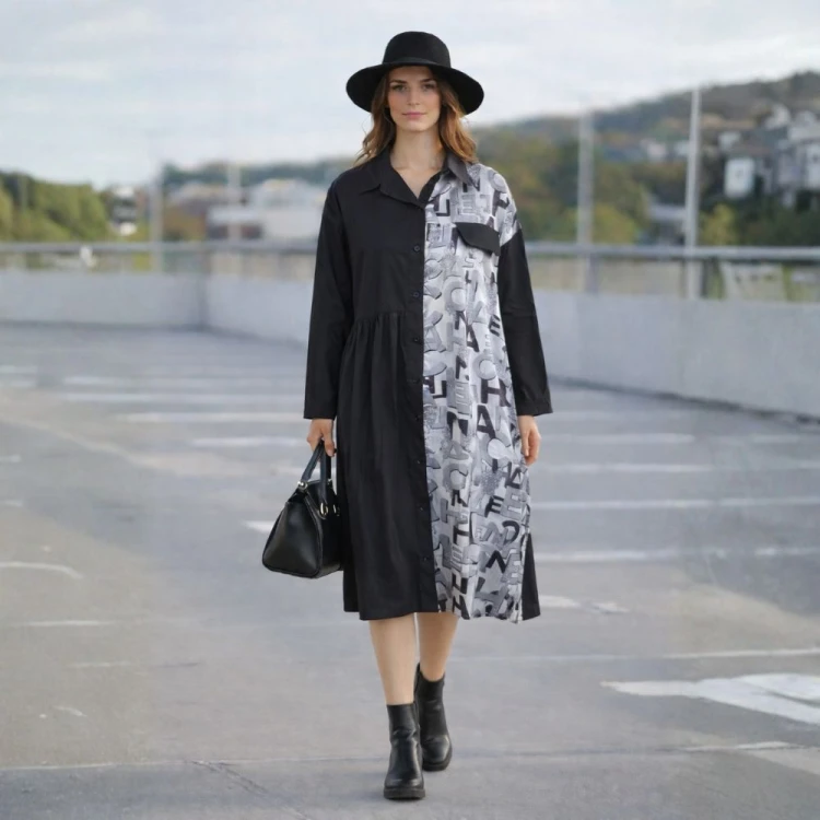 Sukienka koszulowa czarna MIDI z printem liter Oversize M/L