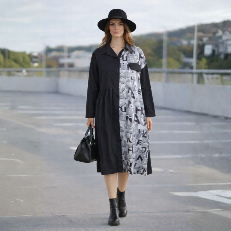 Sukienka koszulowa czarna MIDI z printem liter Oversize M/L