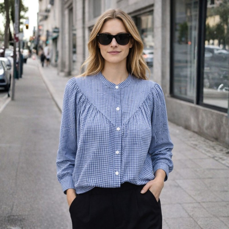 Koszula damska VICHY niebieska kratka luźna długi rękaw Włoska One size