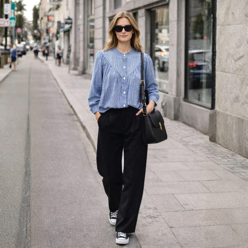 Koszula damska VICHY niebieska kratka luźna długi rękaw Włoska One size