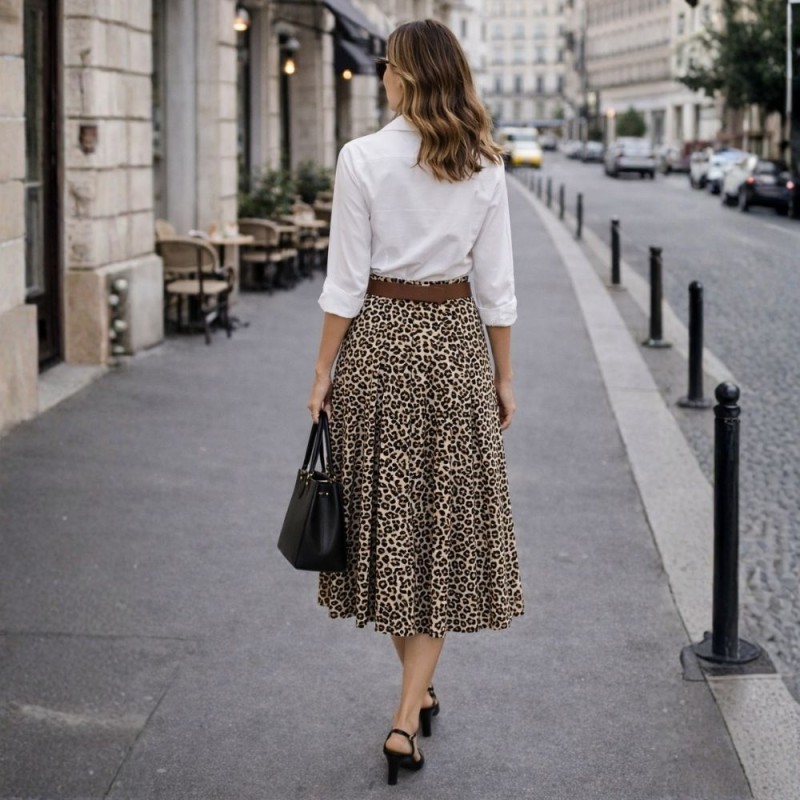 Spódnica midi panterka Włoska rozkloszowana z paskiem brązowym M
