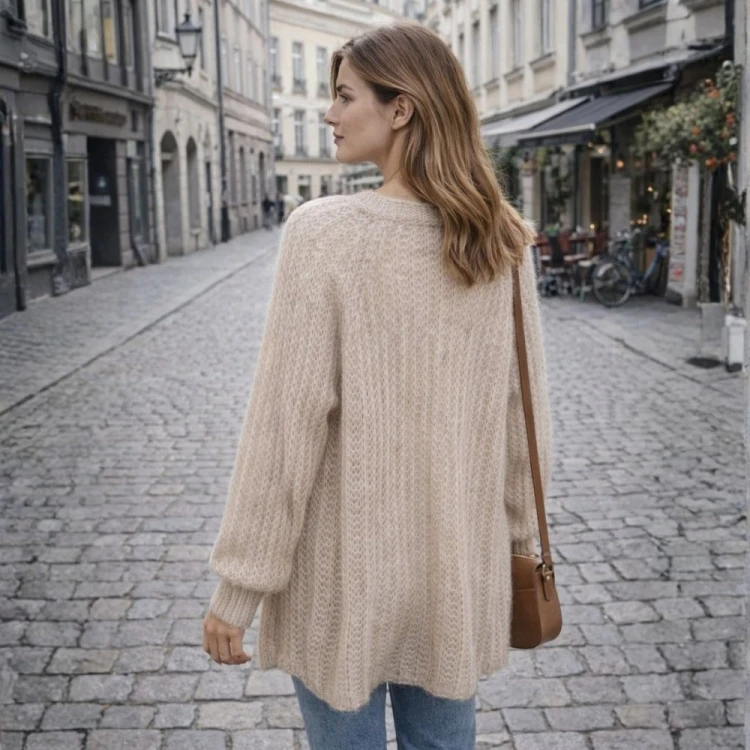 Kardigan Sweter Włoski Oversize Beżowy Miękki Ażurowy UNI