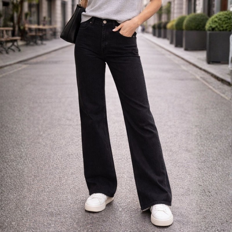 Spodnie jeansy czarne damskie wysoki stan straight wide leg proste nogawki S