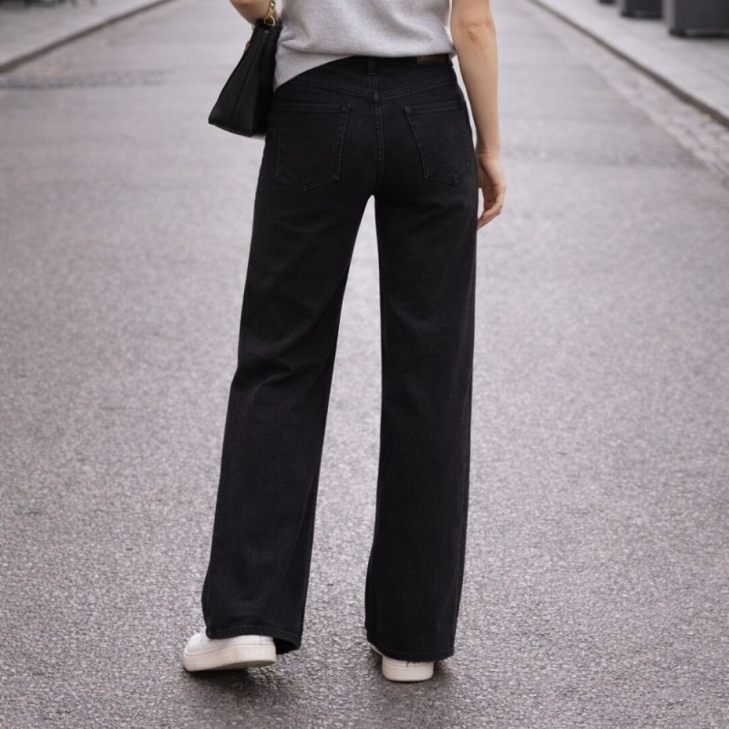 Spodnie jeansy czarne damskie wysoki stan straight wide leg proste nogawki S