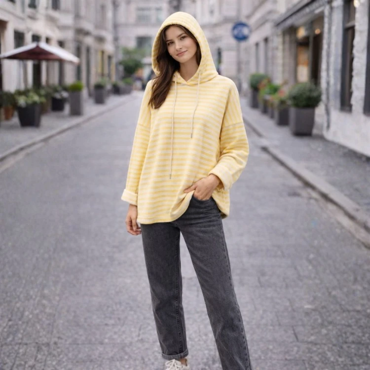 Bluza Oversize w Paski Żółto-Białe Kaptur Made in Italy Uni
