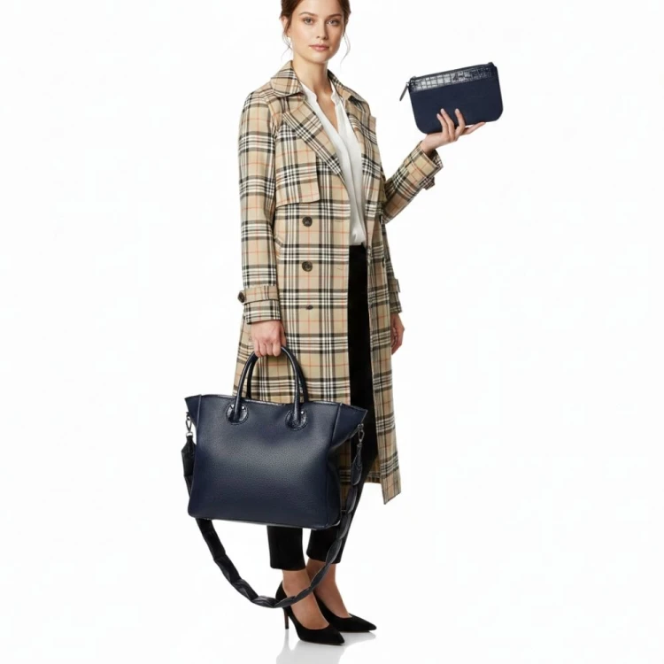 Elegancka Torebka Damska Shopper Granatowa + Etui