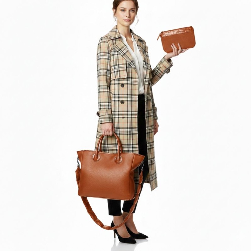 Elegancka Torebka Damska Shopper Brązowa + Etui