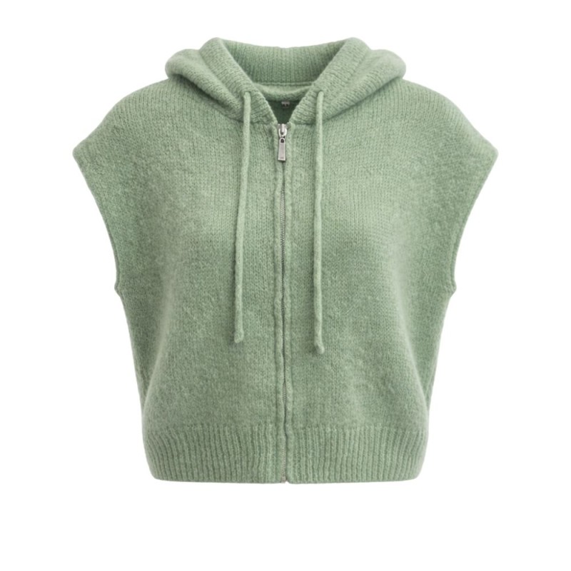 Sweter kamizelka dzianinowa z kapturem na zamek Włoska ZIELONA oversize
