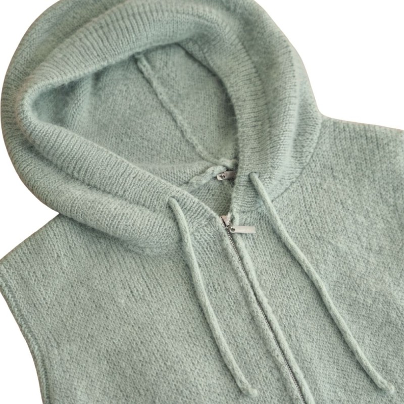 Sweter kamizelka dzianinowa z kapturem na zamek Włoska ZIELONA oversize
