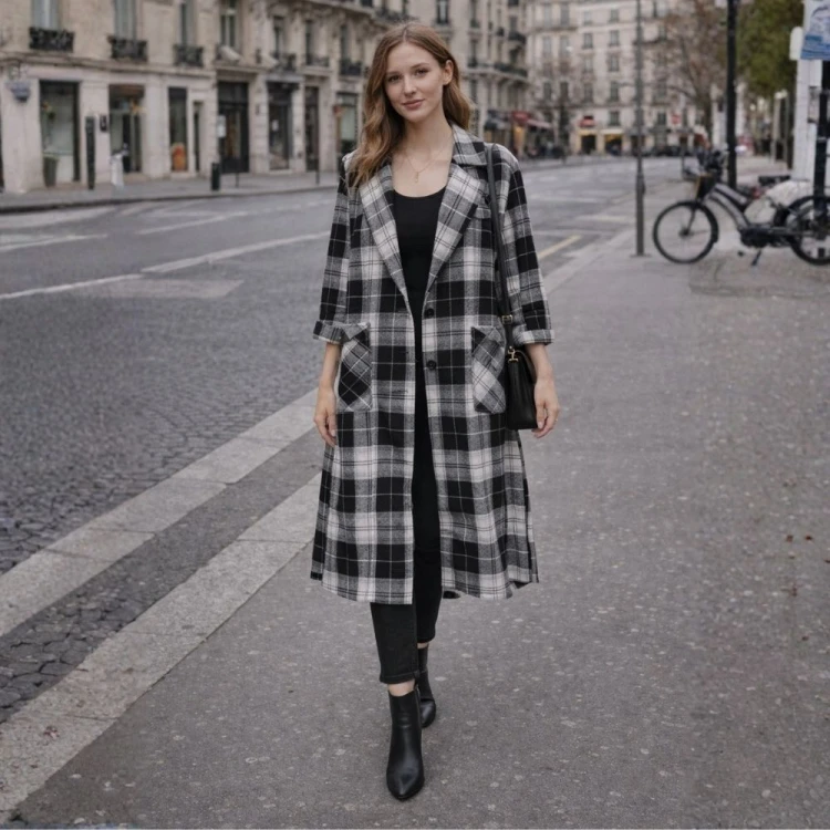 Płaszcz damski koszulowy w kratę oversize czarno biały długi One size