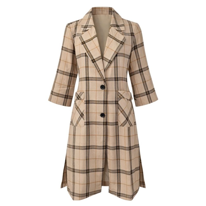 Płaszcz damski koszulowy w kratę oversize beżowo czarny długi One size