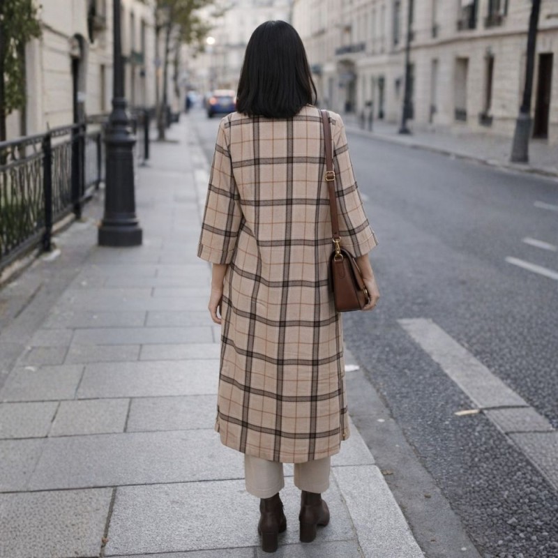 Płaszcz damski koszulowy w kratę oversize beżowo czarny długi One size