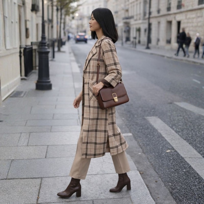 Płaszcz damski koszulowy w kratę oversize beżowo czarny długi One size