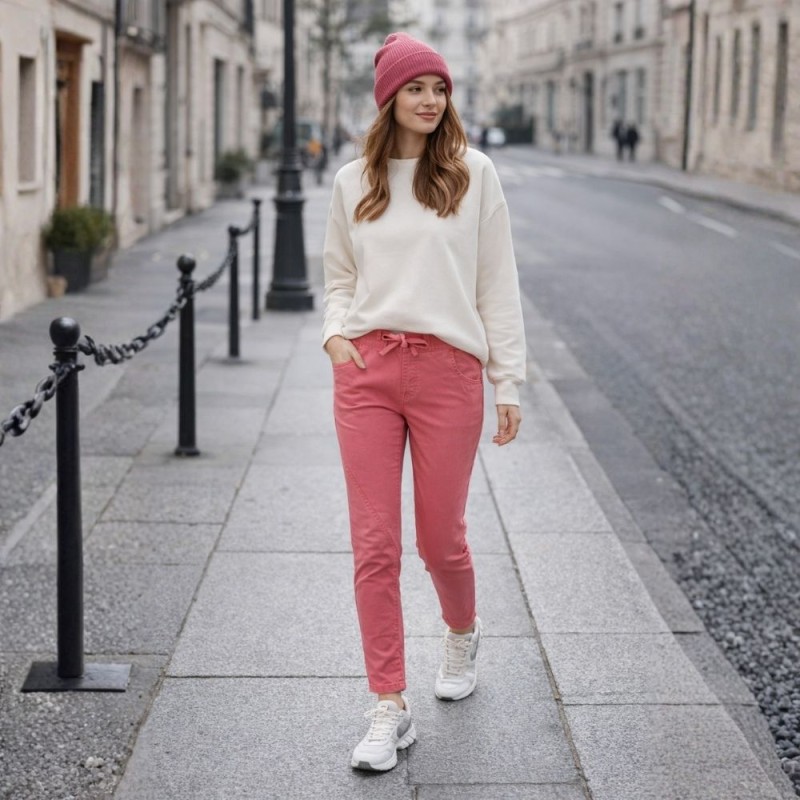 Spodnie damskie różowe slim z przeszyciami casual S