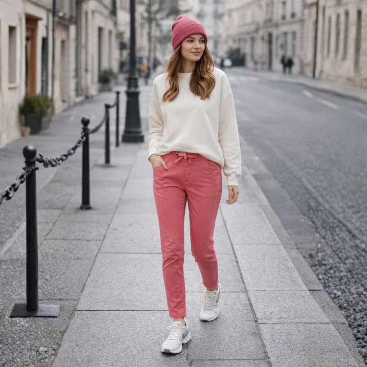 Spodnie damskie różowe slim z przeszyciami casual XS