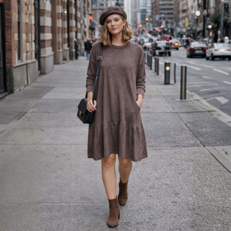 Sukienka damska dzianinowa oversize brązowa kieszenie Włoska Uni