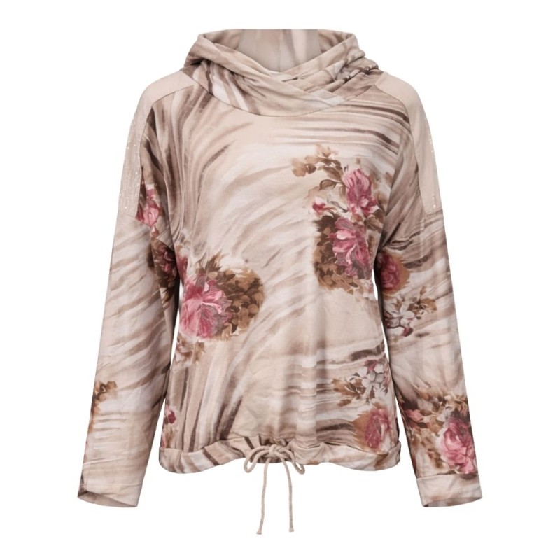 Bluza damska z kapturem w kwiaty oversize beżowa Włoska Uni