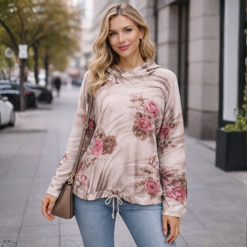Bluza damska z kapturem w kwiaty oversize beżowa Włoska Uni