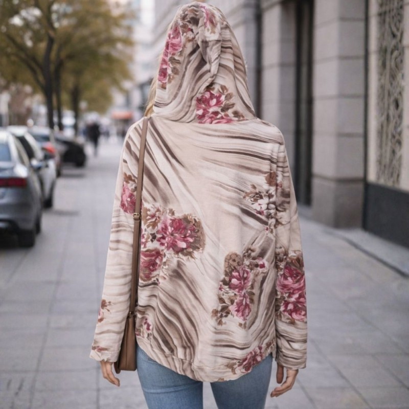 Bluza damska z kapturem w kwiaty oversize beżowa Włoska Uni