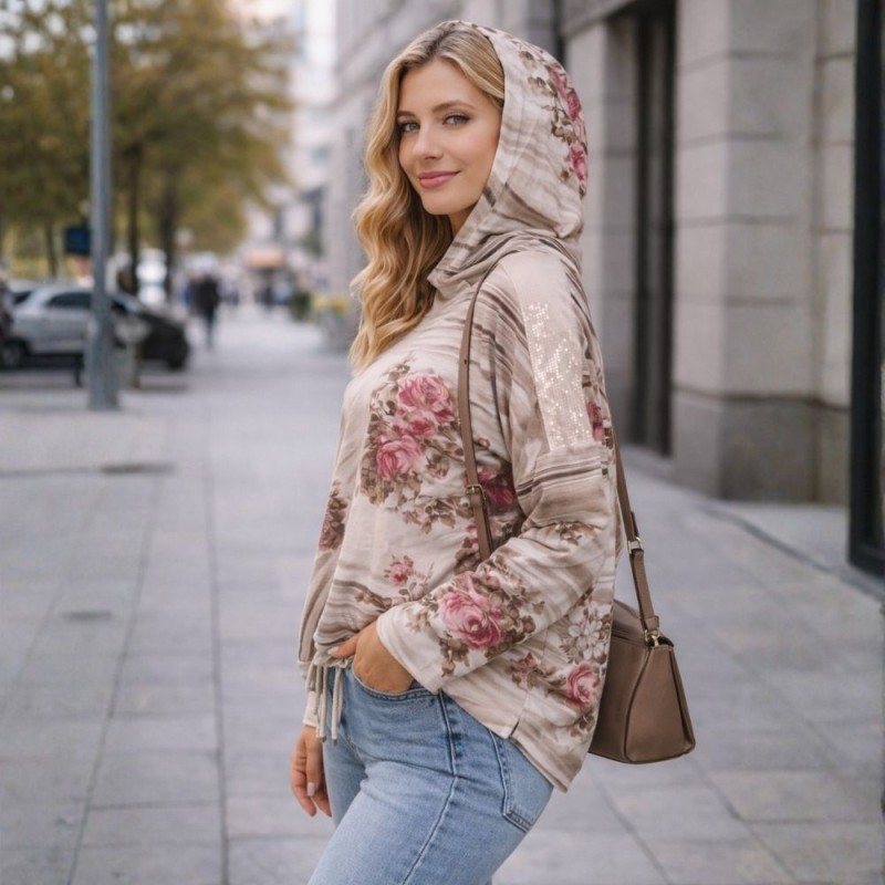 Bluza damska z kapturem w kwiaty oversize beżowa Włoska Uni