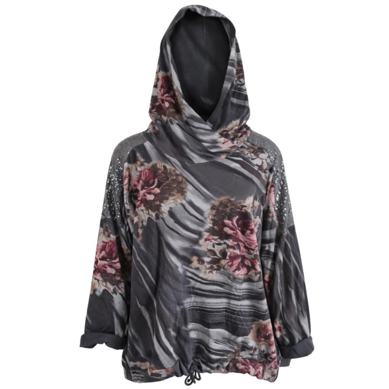 Bluza damska z kapturem w kwiaty oversize grafit Włoska Uni