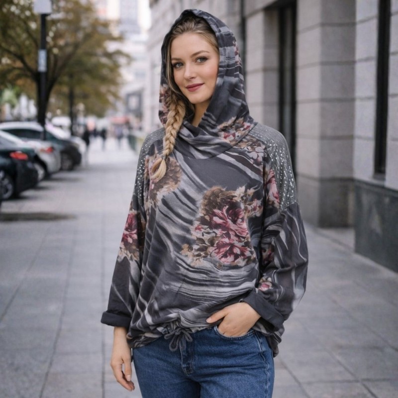Bluza damska z kapturem w kwiaty oversize grafit Włoska Uni
