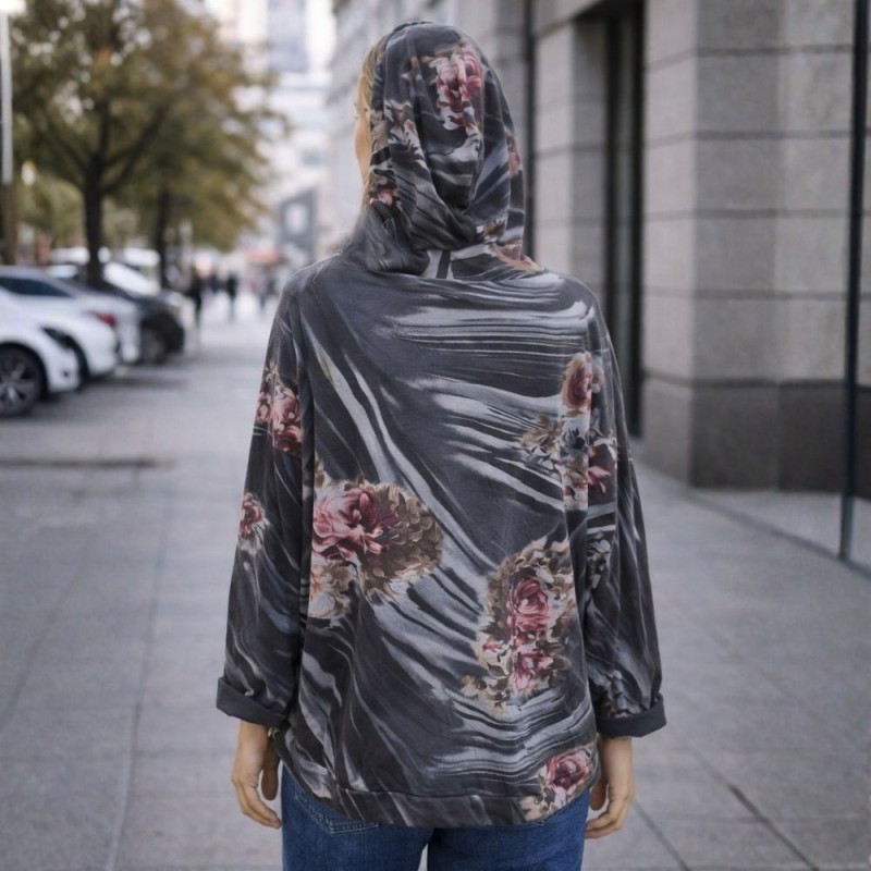 Bluza damska z kapturem w kwiaty oversize grafit Włoska Uni