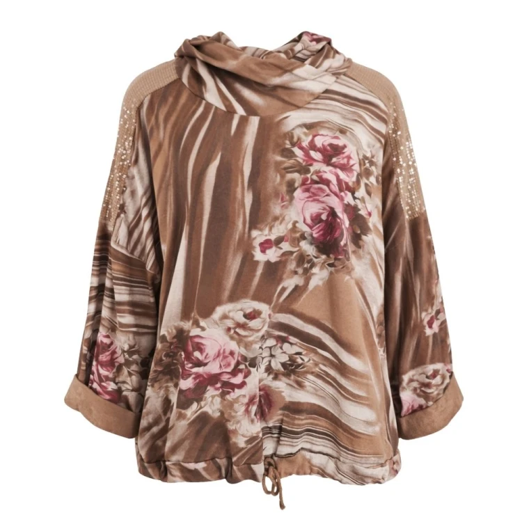 Bluza damska z kapturem w kwiaty oversize brązowa Włoska Uni