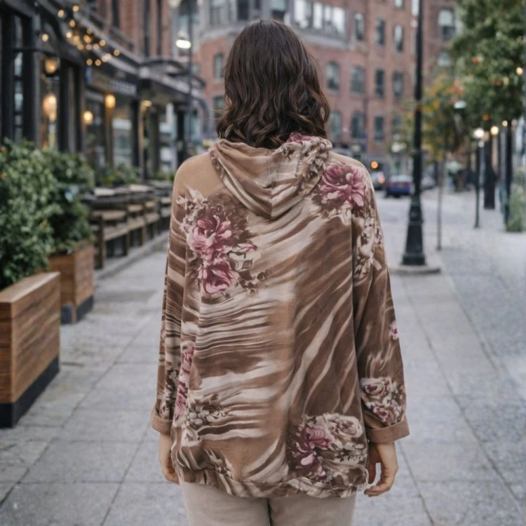 Bluza damska z kapturem w kwiaty oversize brązowa Włoska Uni