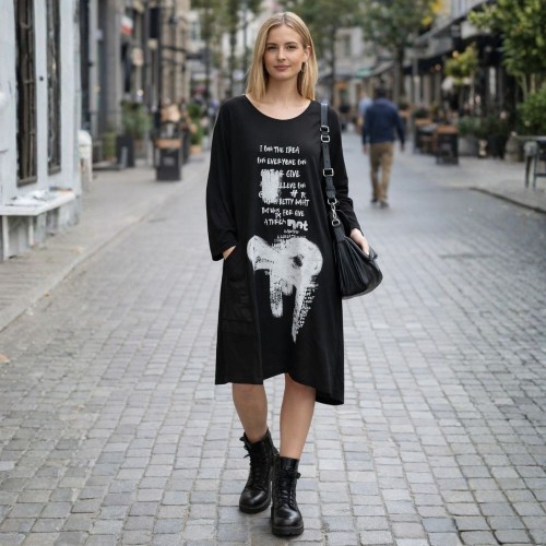 Sukienka damska Włoska Oversize Czarna Print 100% Bawełna Uni