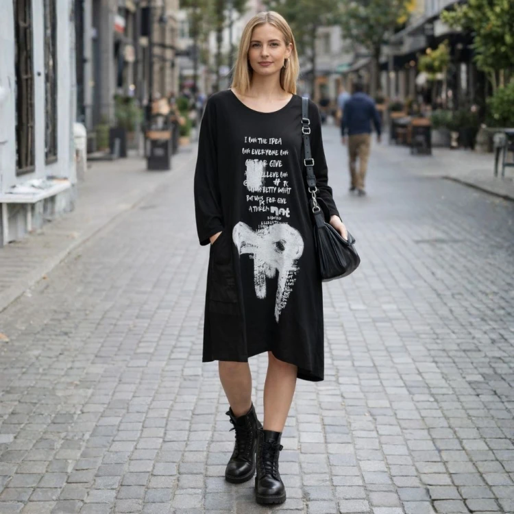 Sukienka damska Włoska Oversize Czarna Print 100% Bawełna Uni