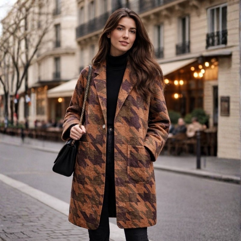 Płaszcz damski w pepitę brązowo-khaki oversize włoski styl Uni