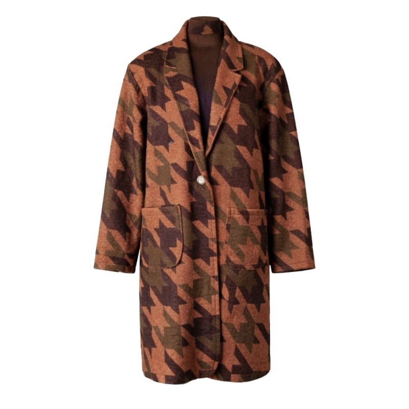 Płaszcz damski w pepitę brązowo-khaki oversize włoski styl Uni